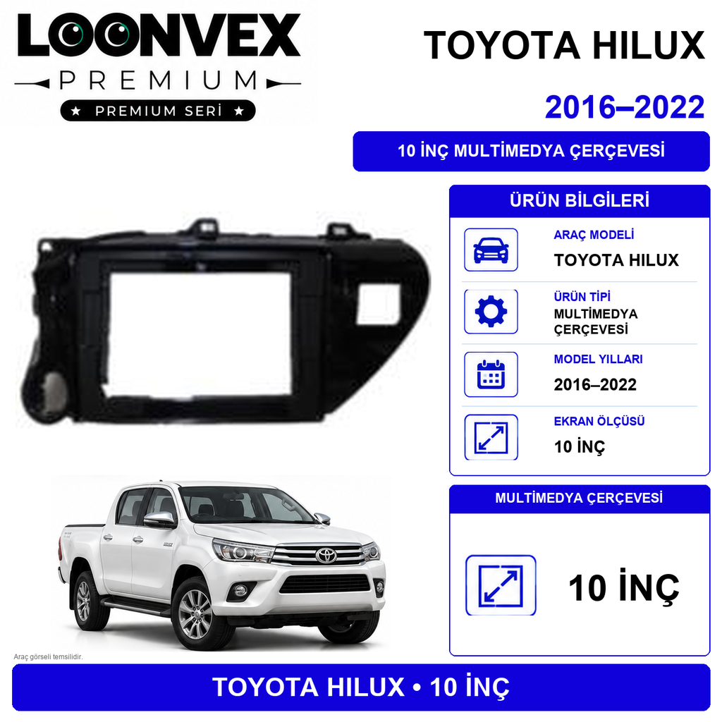 LOONVEX Premium Toyota Hilux 2015-2020 10 İnç Multimedya Çerçeve + Soket + CANBUS Montaj Kiti