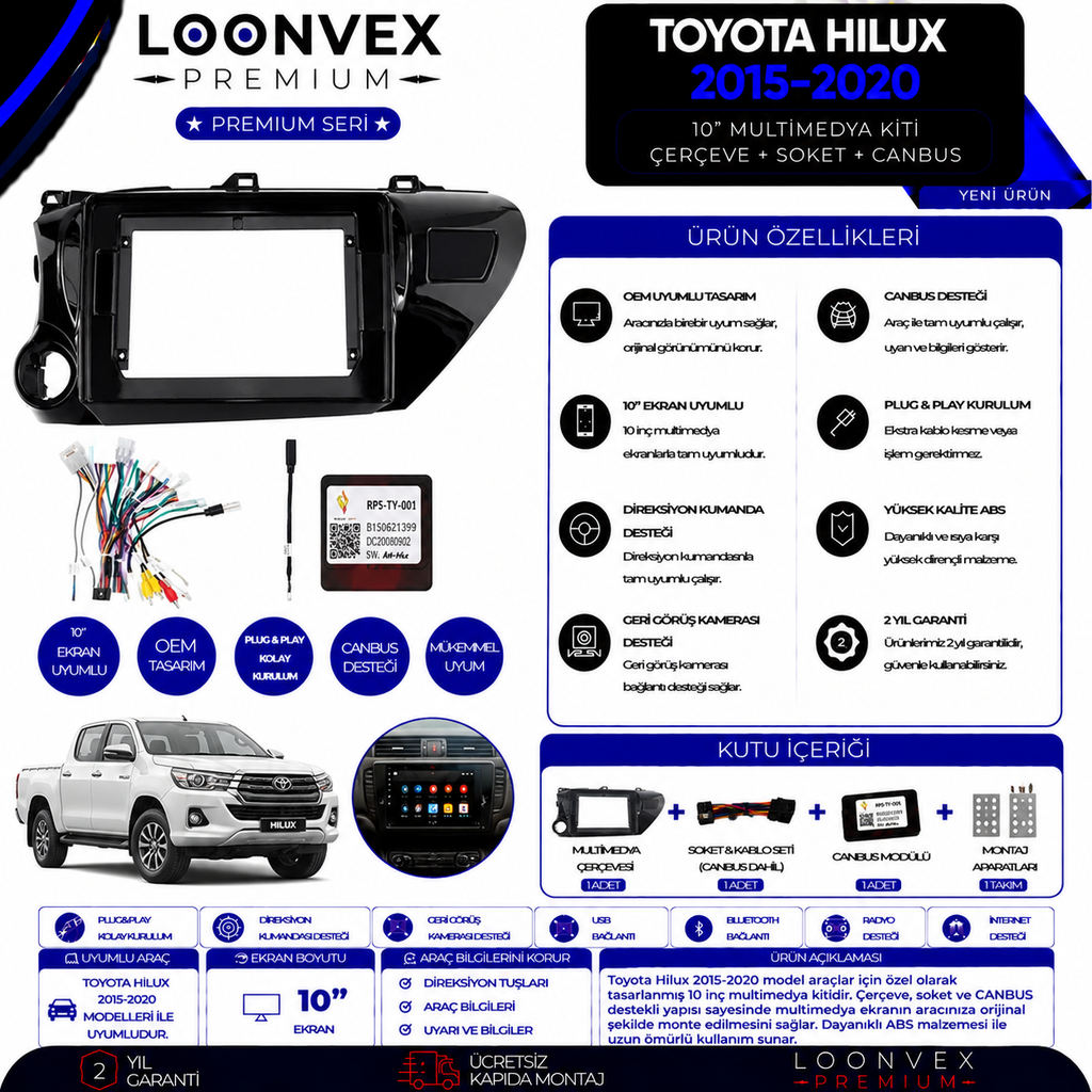 Premium Toyota Hilux 2015-2020 10 İnç Multimedya Çerçeve + Soket + CANBUS Montaj Kiti