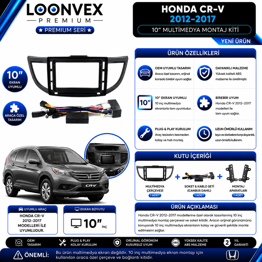 PREMIUM – HONDA CR-V 2012-2017 10" MULTİMEDYA ÇERÇEVE + SOKET KİTİ