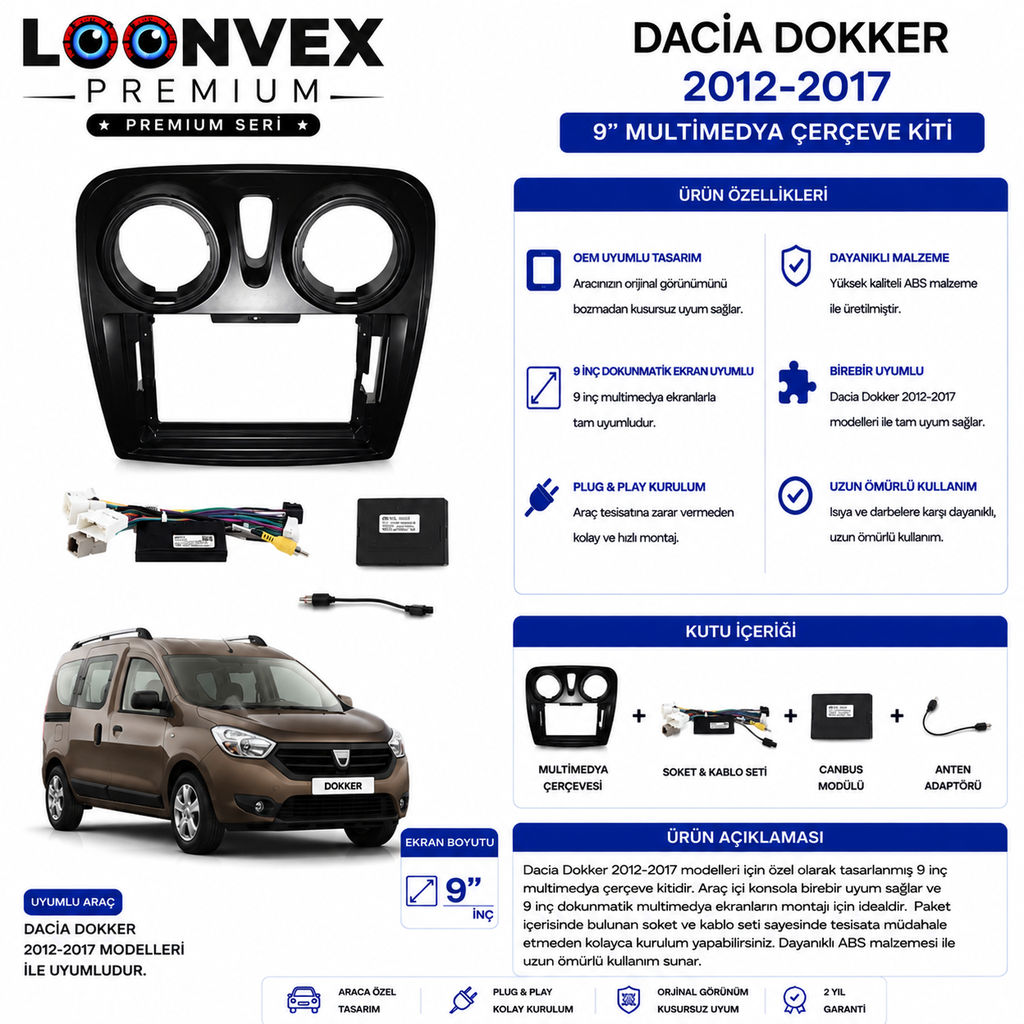 PREMIUM – DACIA DOKKER 2012-2017 9" MULTİMEDYA ÇERÇEVE + SOKET KİTİ