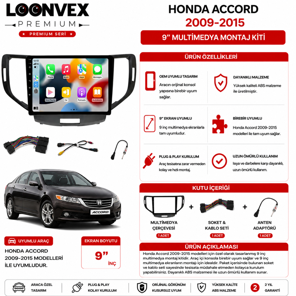 PREMIUM – HONDA ACCORD 2009-2015 9" MULTİMEDYA ÇERÇEVE + SOKET KİTİ