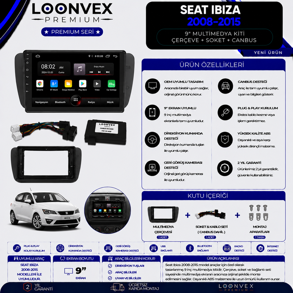 Premium SEAT Ibiza 2008-2015 9 İnç Multimedya Çerçeve + Soket + CANBUS Montaj Kiti