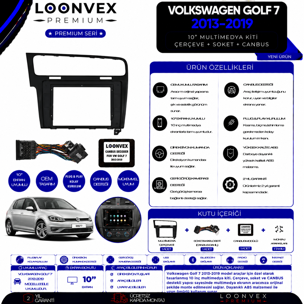 Premium Volkswagen Golf 7 2013-2019 10 İnç Multimedya Çerçeve + Soket + CANBUS Montaj Kiti