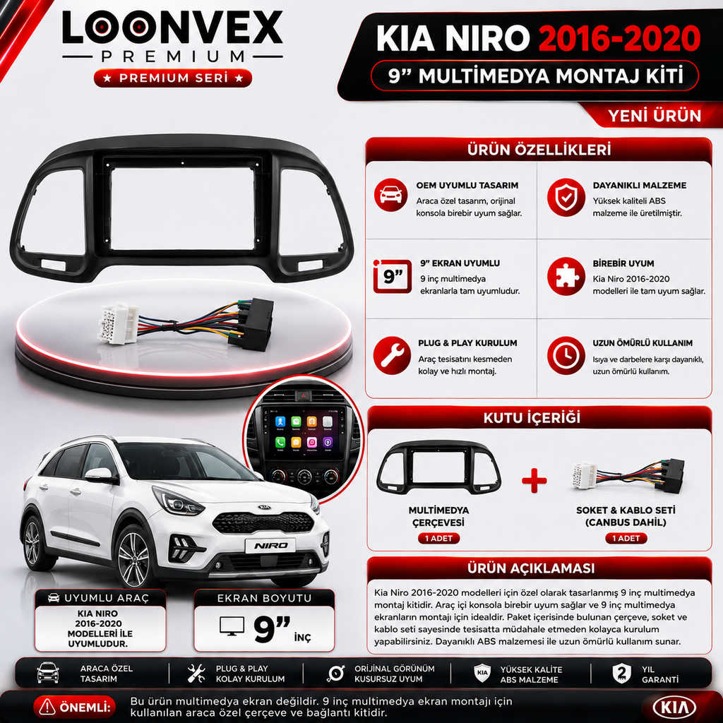 PREMIUM KIA NIRO 2016-2020 9" MULTİMEDYA MONTAJ KİTİ