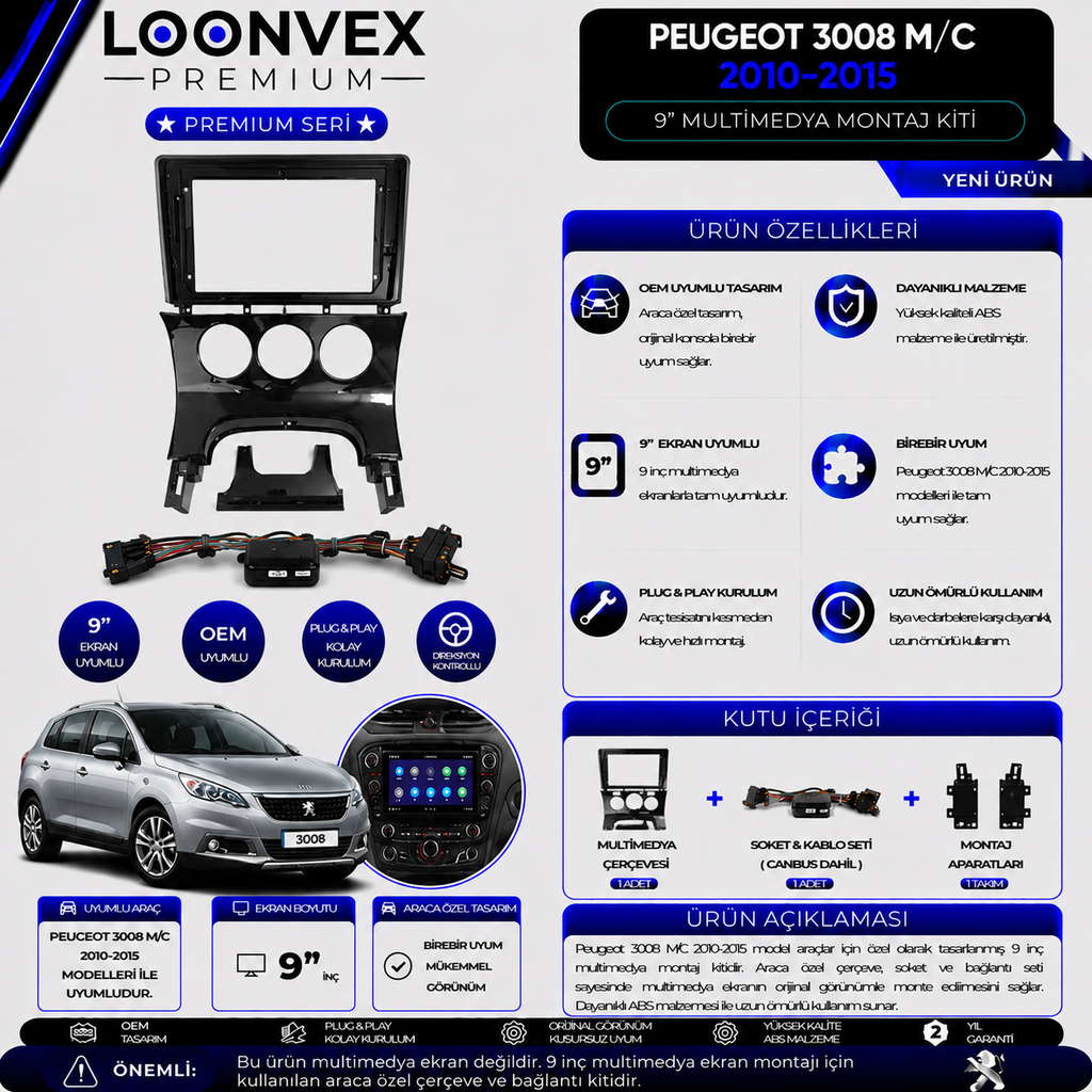 Premium Peugeot 3008 M/C 2010-2015 9 İnç Multimedya Çerçeve + Soket + CANBUS Montaj Kiti