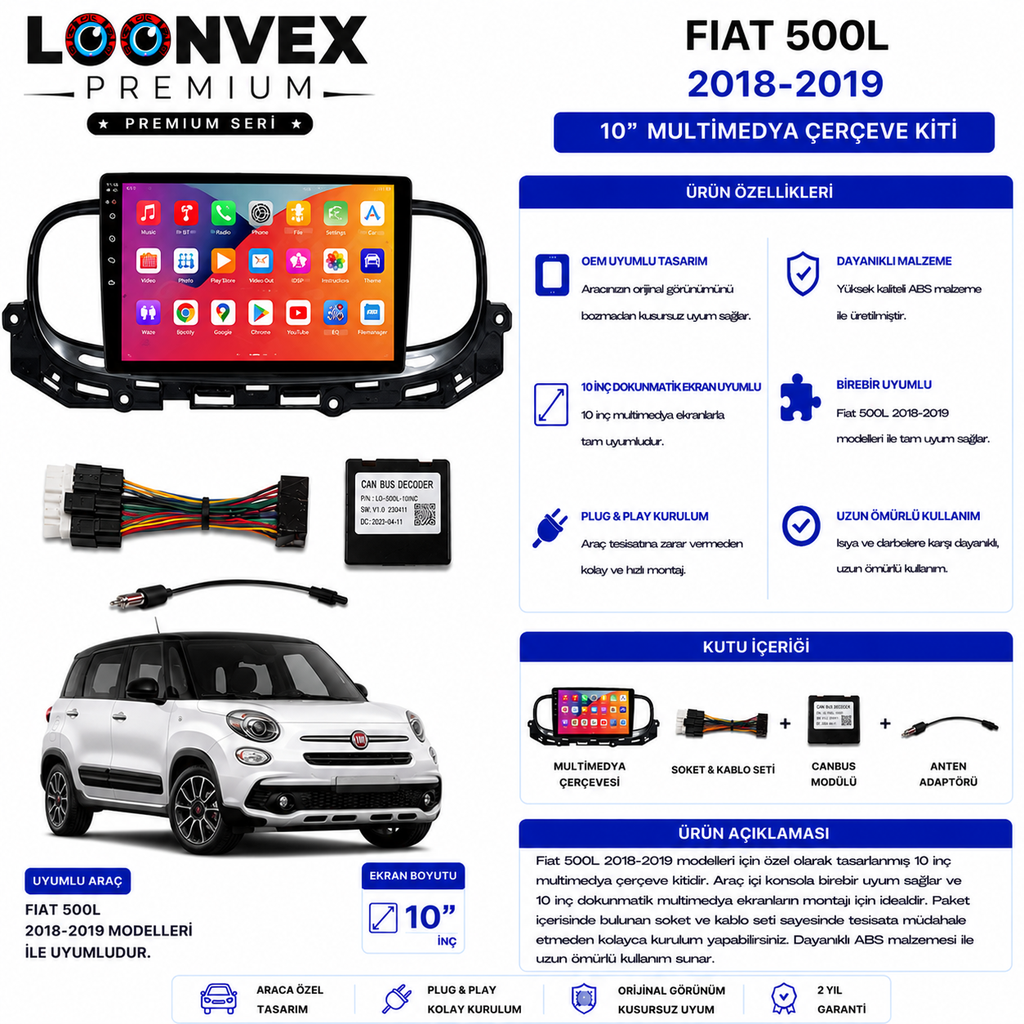 PREMIUM – FIAT 500L 2018-2019 10" MULTİMEDYA ÇERÇEVE + SOKET KİTİ