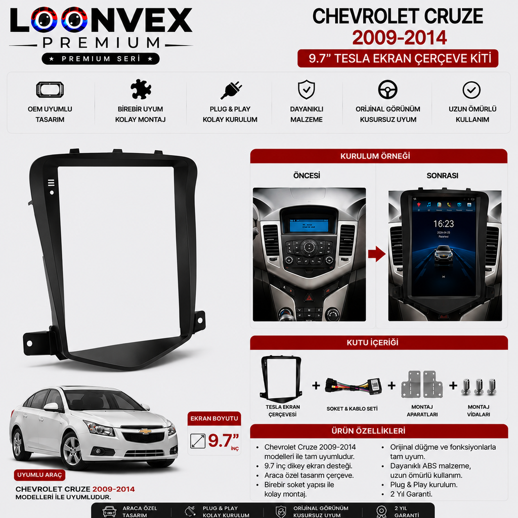 Chevrolet Cruze 2009-2014 9.7 İnç Tesla Multimedya Çerçeve + Soket Seti OEM Uyumlu