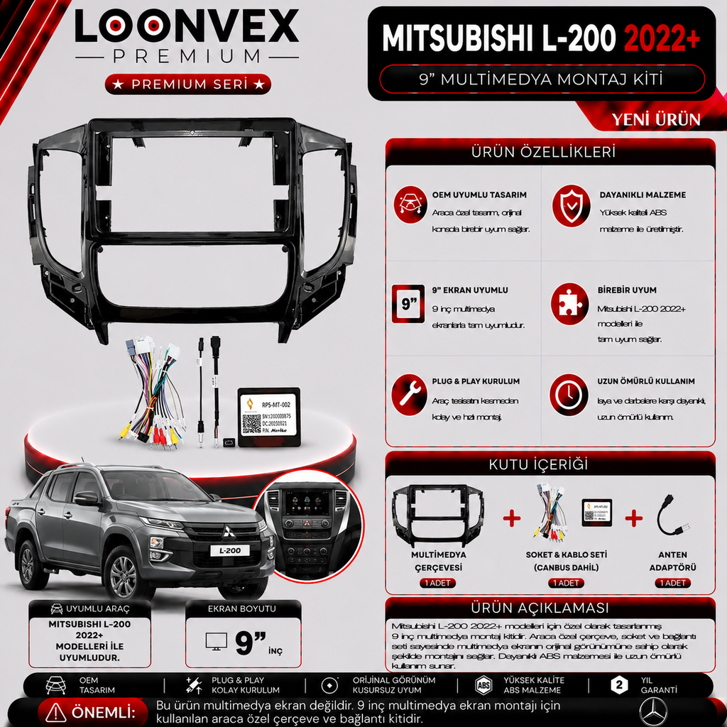 PREMIUM MITSUBISHI L-200 2022+ 9" MULTİMEDYA MONTAJ KİTİ