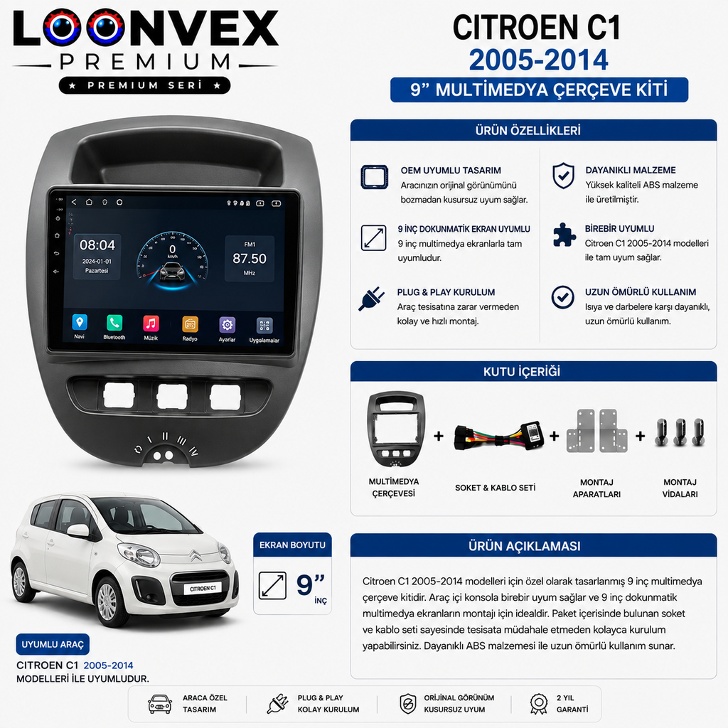 Citroen C1 2005-2014 9 İnç Multimedya Çerçeve + Soket Seti OEM Uyumlu