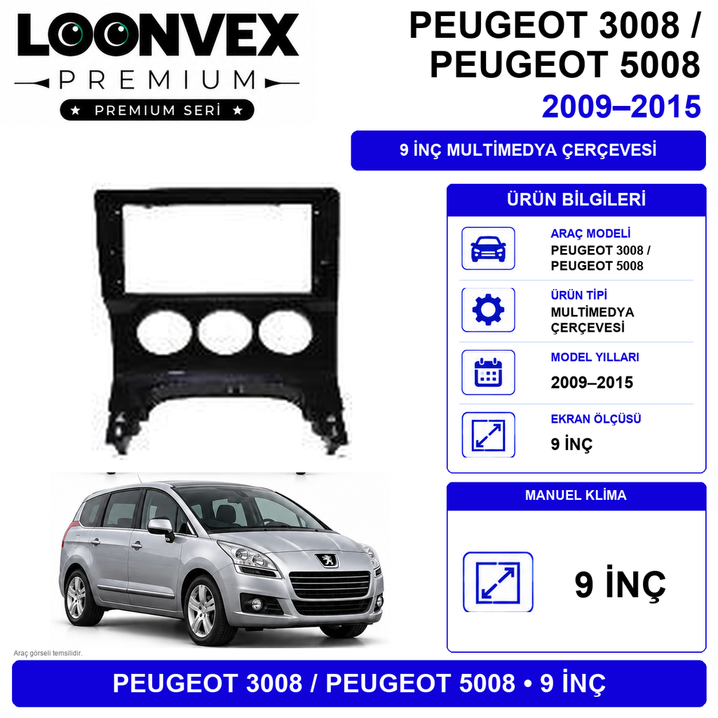 LOONVEX Premium Peugeot 5008 M/C 2010-2015 9 İnç Multimedya Çerçeve + Soket + CANBUS Montaj Kiti