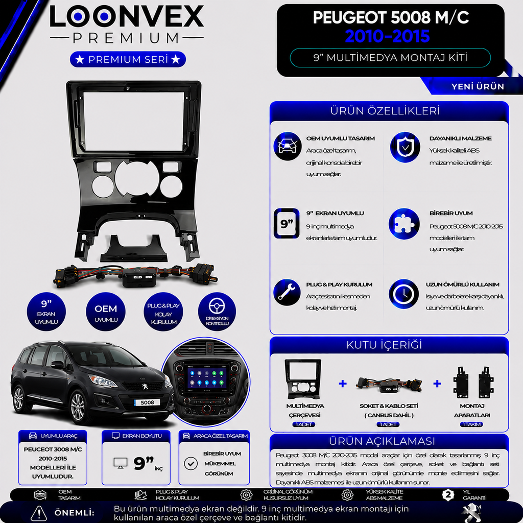 Premium Peugeot 5008 M/C 2010-2015 9 İnç Multimedya Çerçeve + Soket + CANBUS Montaj Kiti
