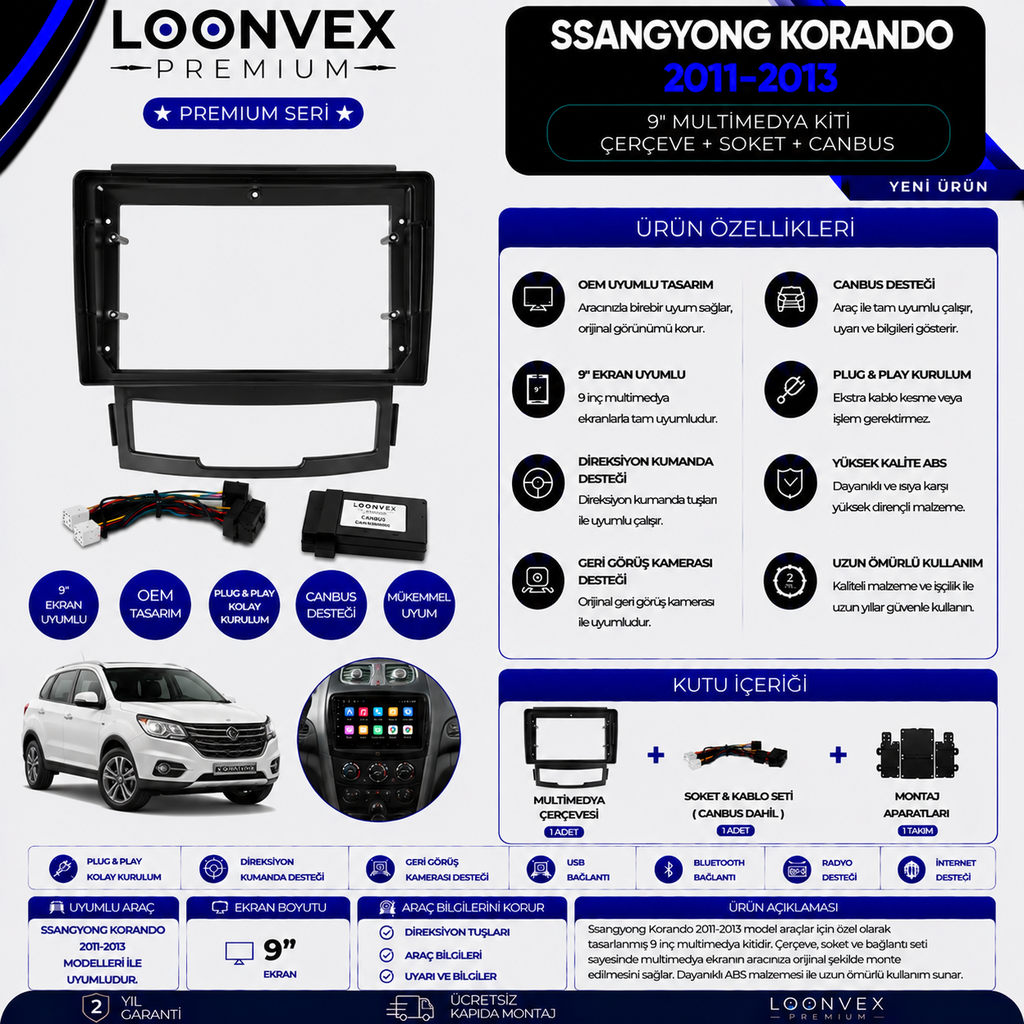 Premium SsangYong Korando 2011-2013 9 İnç Multimedya Çerçeve + Soket + CANBUS Montaj Kiti