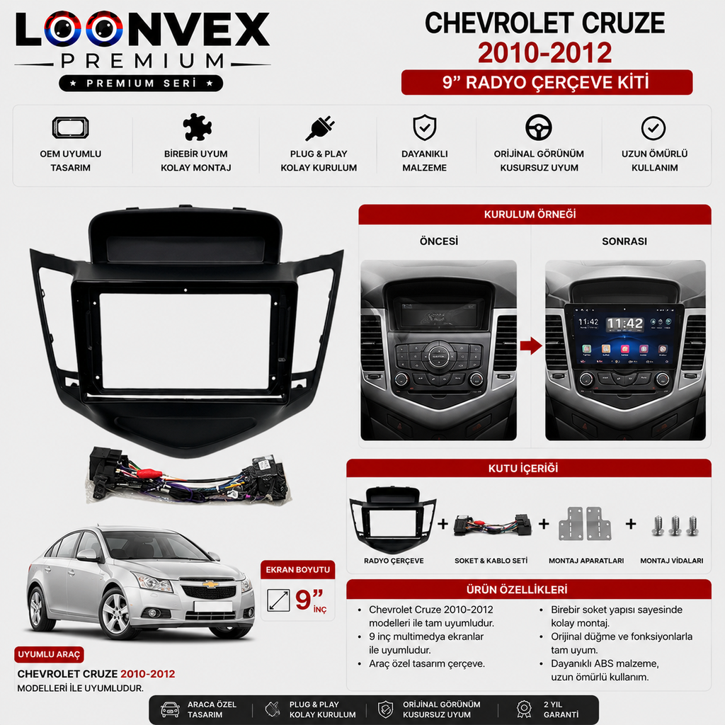 Chevrolet Cruze 2010-2012 9 İnç Multimedya Çerçeve + Soket Seti OEM Uyumlu