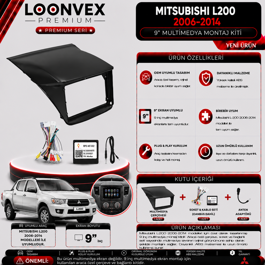 PREMIUM MITSUBISHI L200 2006-2014 9" MULTİMEDYA MONTAJ KİTİ