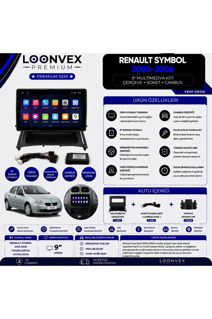Premium Renault Symbol 2000-2006 9 İnç Multimedya Çerçeve + Soket + CANBUS Montaj Kiti