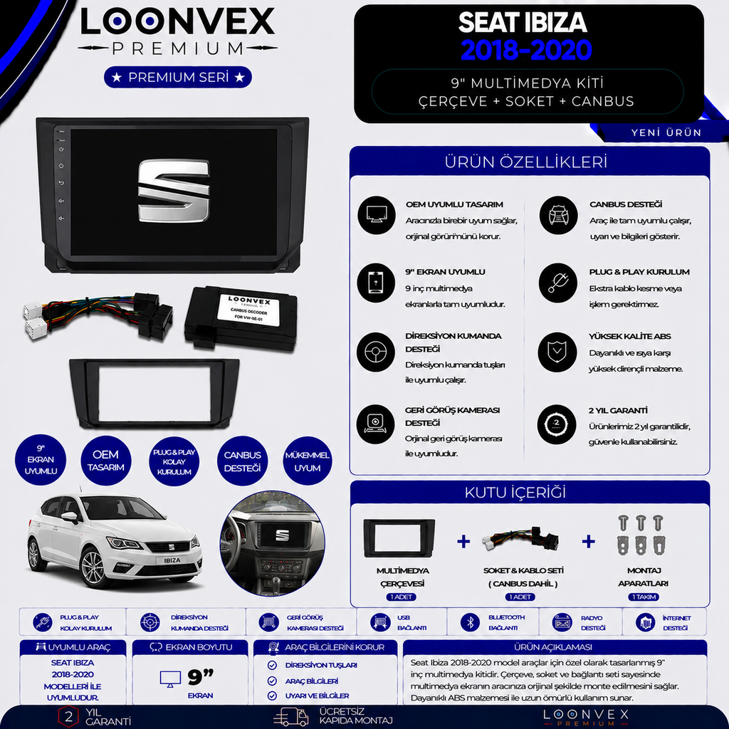 Premium SEAT Ibiza 2018-2020 9 İnç Multimedya Çerçeve + Soket + CANBUS Montaj Kiti