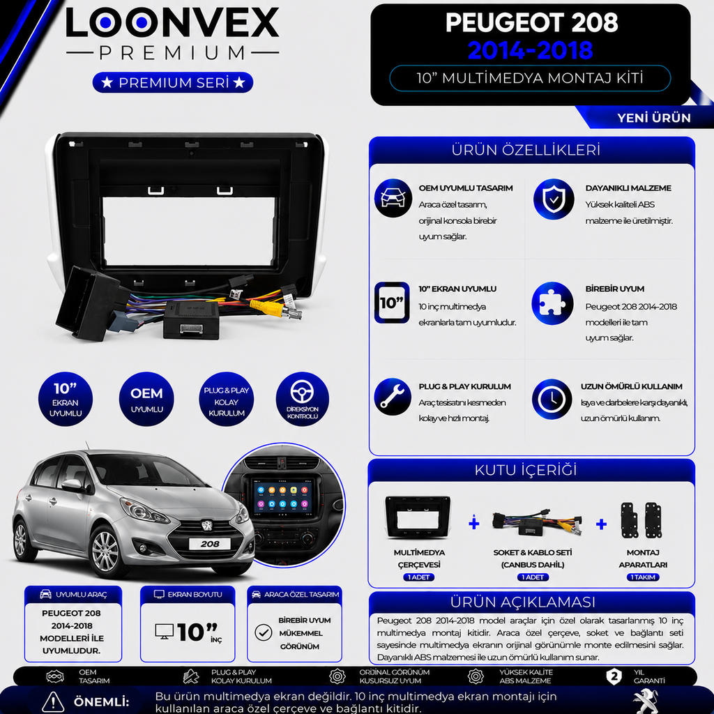 Premium Peugeot 208 2014-2018 10 İnç Multimedya Çerçeve + Soket + CANBUS Montaj Kiti