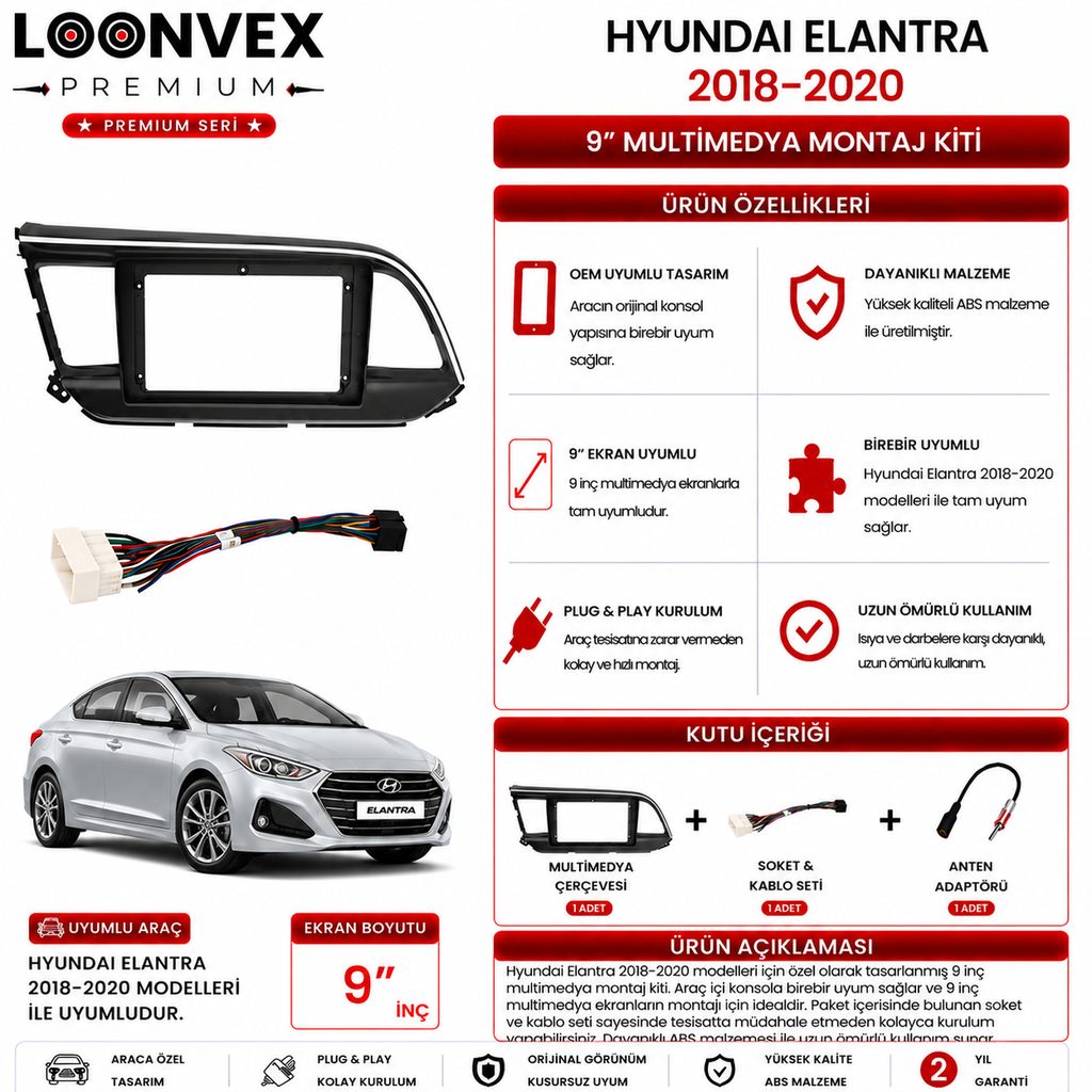 PREMIUM – HYUNDAI ELANTRA 2018-2020 9" MULTİMEDYA ÇERÇEVE + SOKET KİTİ