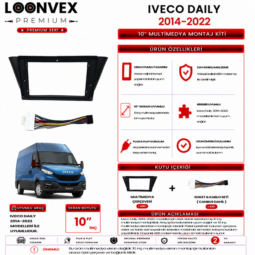 PREMIUM – IVECO DAILY 2014-2022 10" MULTİMEDYA ÇERÇEVE + SOKET KİTİ