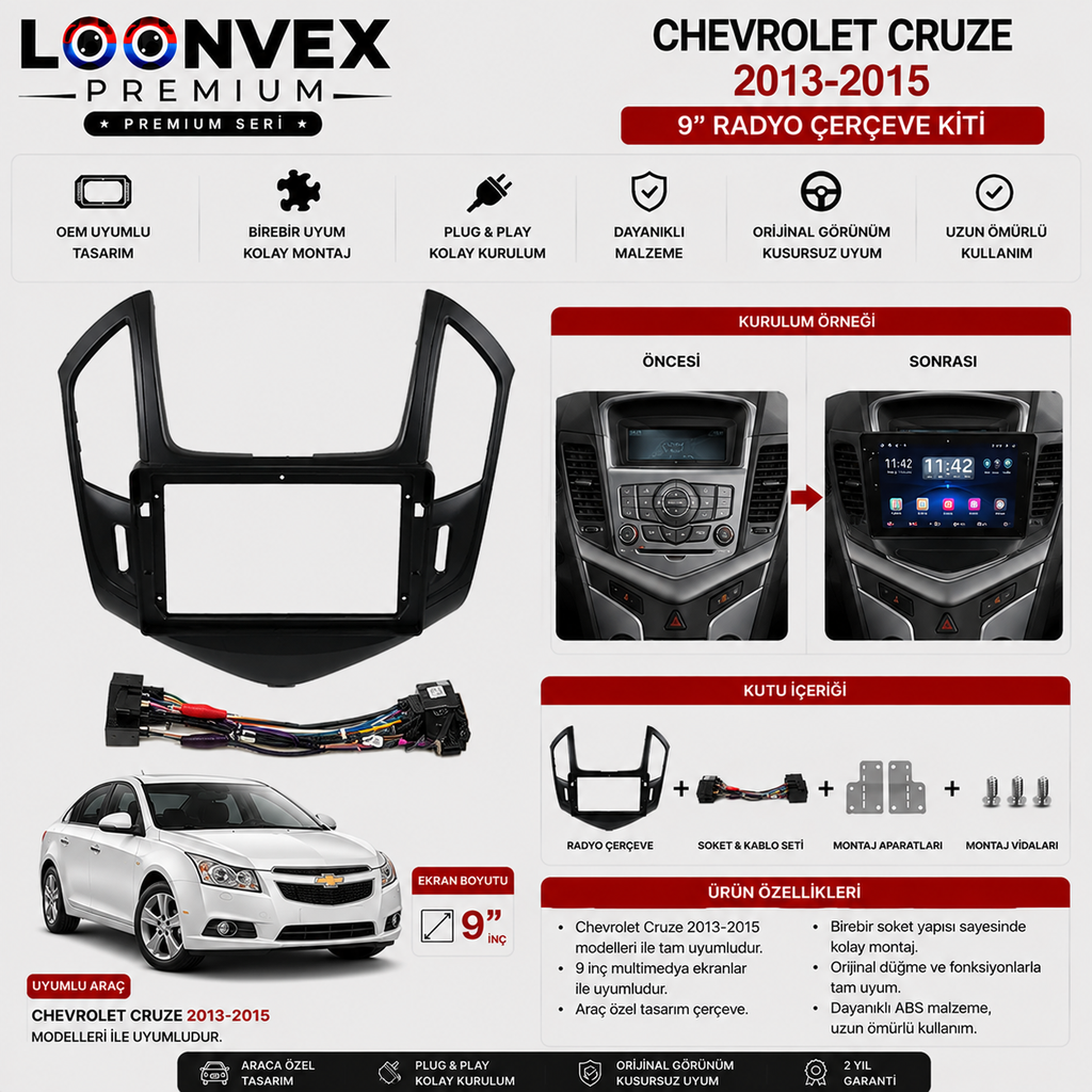 Chevrolet Cruze 2013-2015 9 İnç Multimedya Çerçeve + Soket Seti OEM Uyumlu