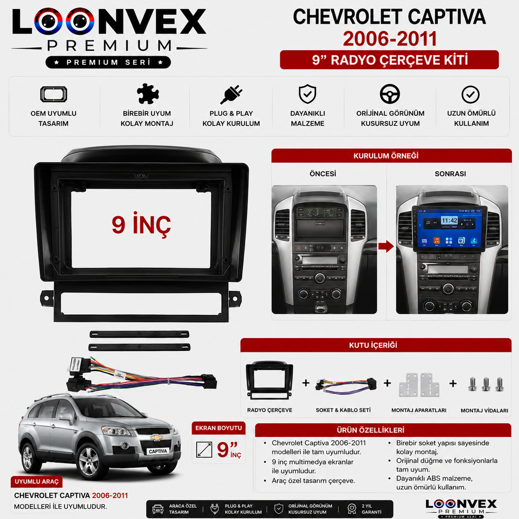 Chevrolet Captiva 2006-2011 9 İnç Multimedya Çerçeve + Soket Seti OEM Uyumlu
