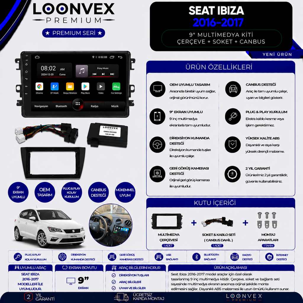 Premium SEAT Ibiza 2016-2017 9 İnç Multimedya Çerçeve + Soket + CANBUS Montaj Kiti