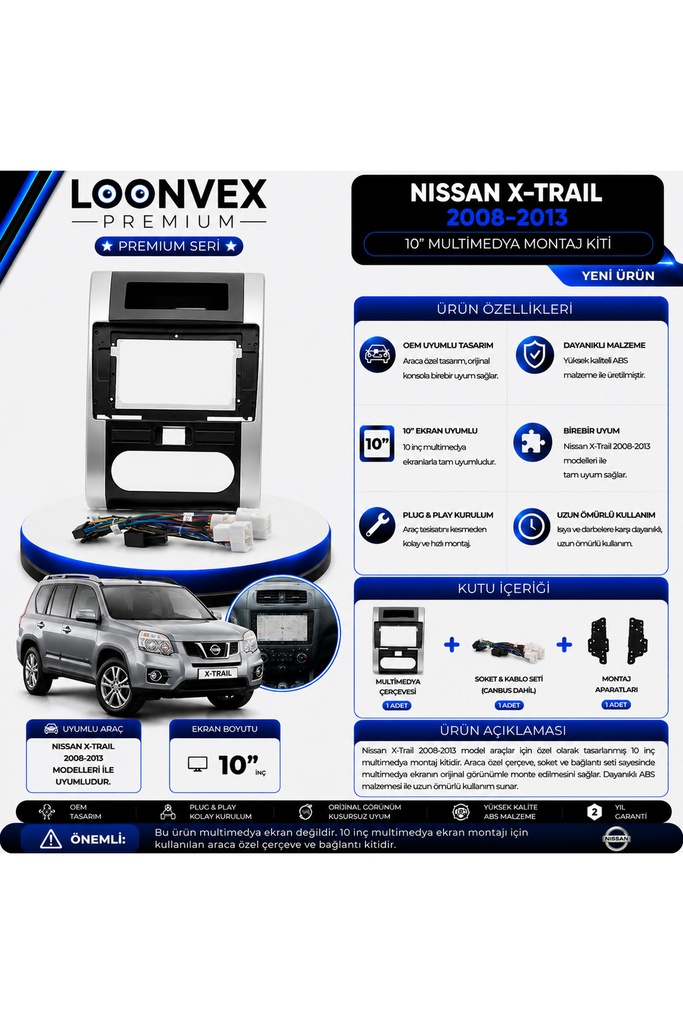 Premium Nissan X-Trail 2008-2013 10 İnç Multimedya Çerçeve ve Soket Montaj Kiti