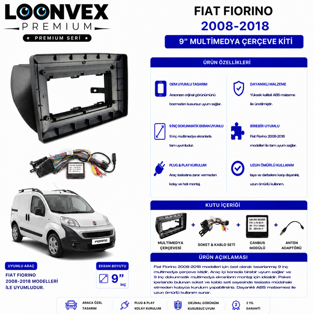 PREMIUM – FIAT FIORINO 2008-2018 9" MULTİMEDYA ÇERÇEVE + SOKET KİTİ