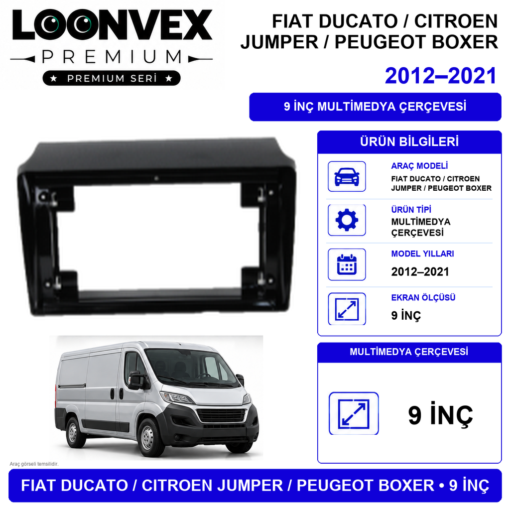 [LNV-CER-0048] LOONVEX Fiat Ducato 2008-2016 (2014 Öncesi ve Sonrası) 9 İnç Multimedya Çerçeve + Soket Kiti
