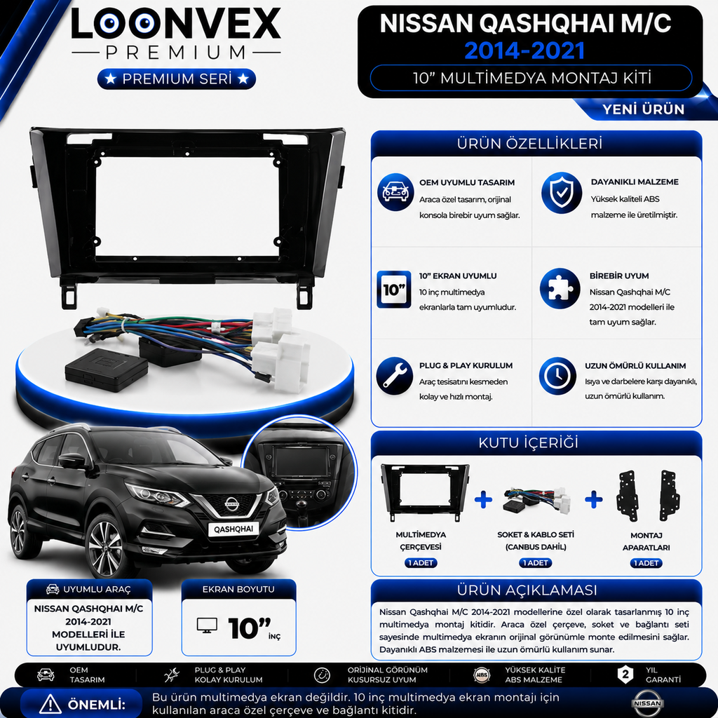 Premium Nissan Qashqai M/C 2014-2021 10 İnç Multimedya Çerçeve ve Soket Montaj Kiti