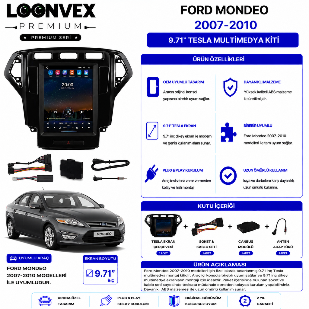 [LNV-CER-0091] PREMIUM – FORD MONDEO 2007-2010 9.71" TESLA MULTİMEDYA ÇERÇEVE + SOKET KİTİ