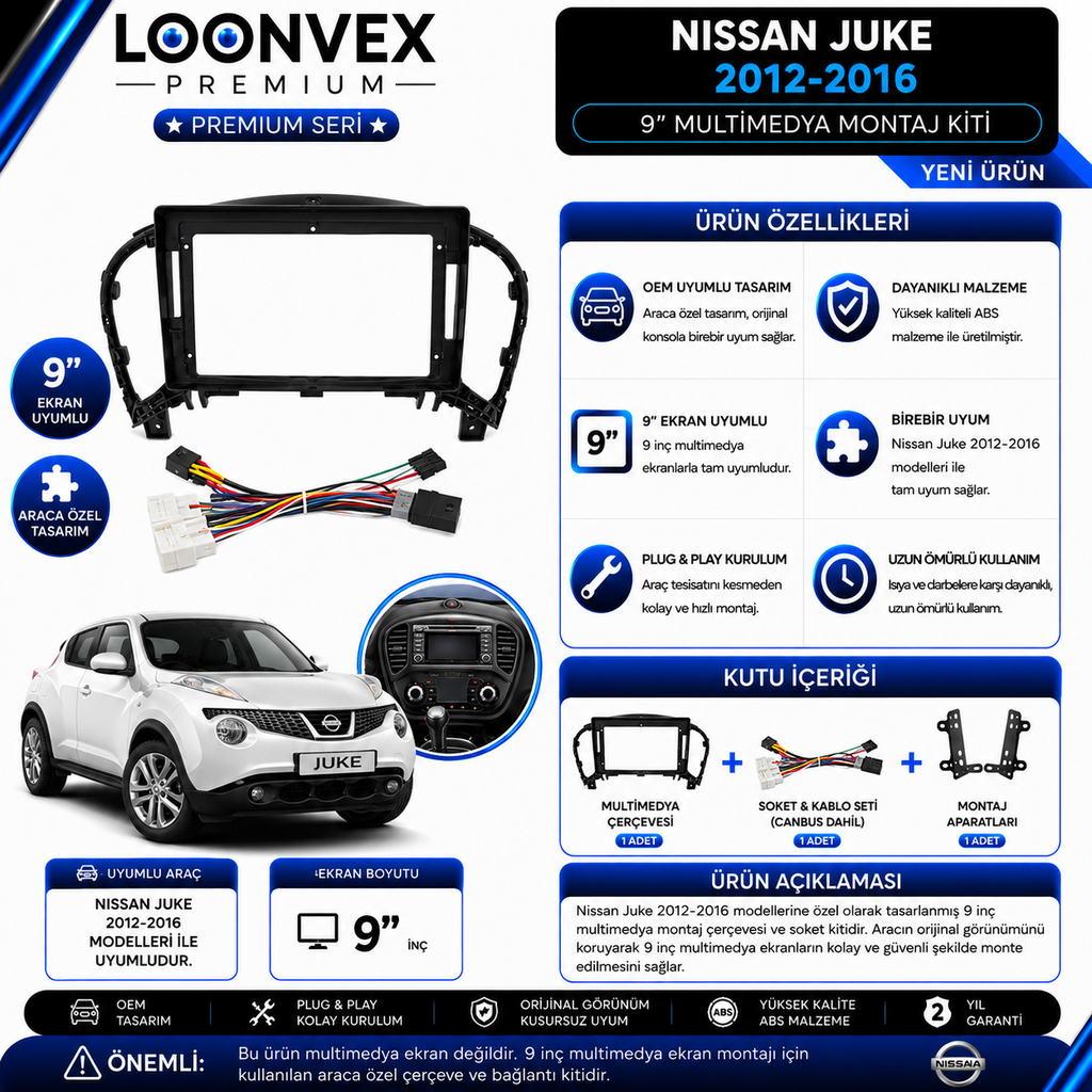 [LNV-CER-0207] Premium Nissan Juke 2012-2016 9 İnç Multimedya Çerçeve ve Soket Montaj Kiti