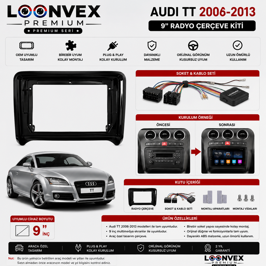 Audi TT 2006-2013 9 İnç Multimedya Çerçeve + Soket Seti OEM Uyumlu