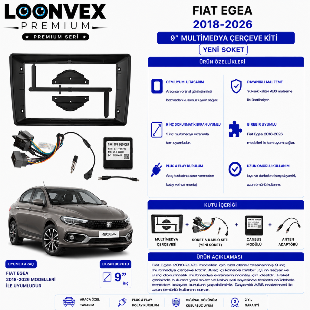 PREMIUM – FIAT EGEA 2018-2026 9" MULTİMEDYA ÇERÇEVE + YENİ SOKET KİTİ