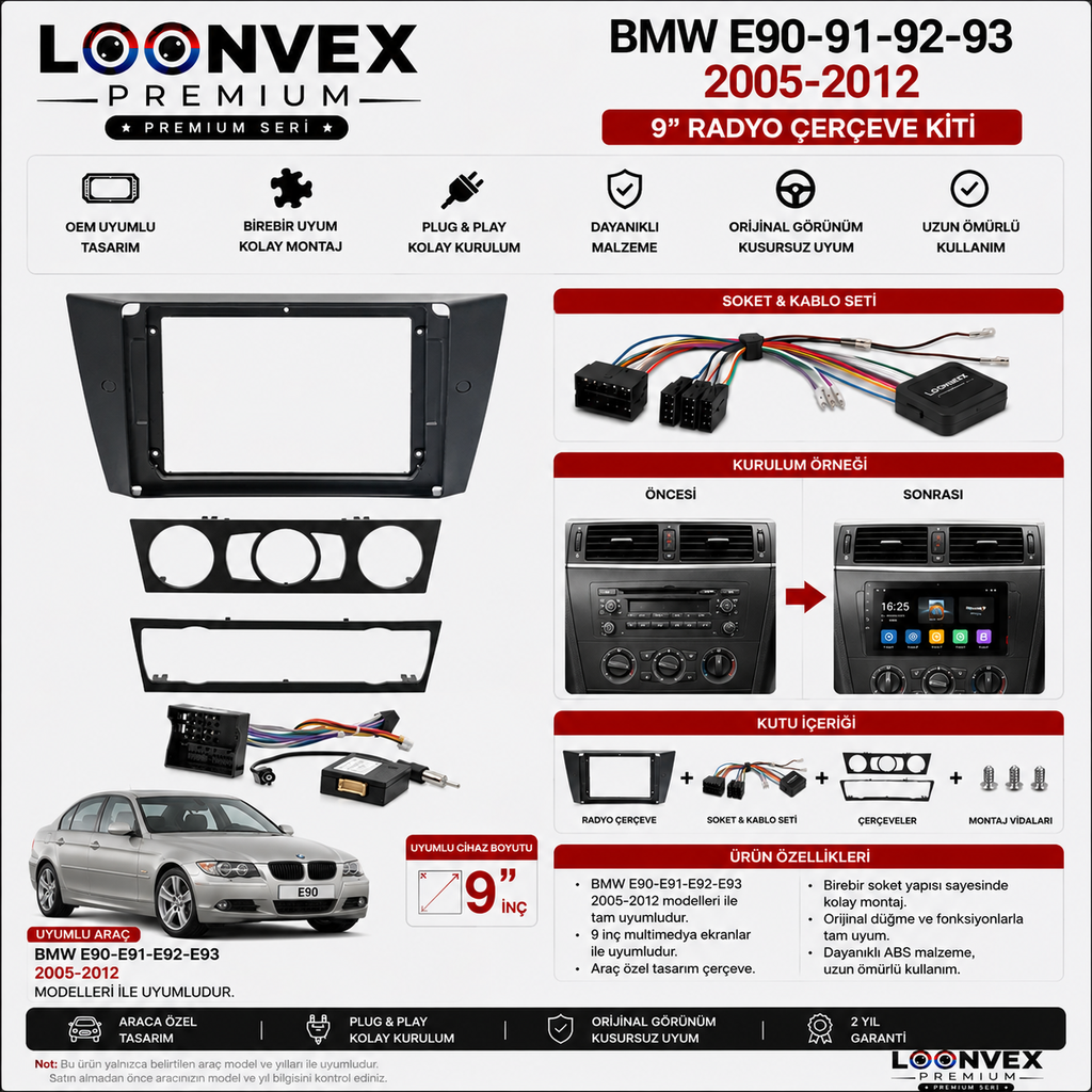 BMW E90 E91 E92 E93 2005-2012 9 İnç Multimedya Çerçeve + Soket Seti OEM Uyumlu