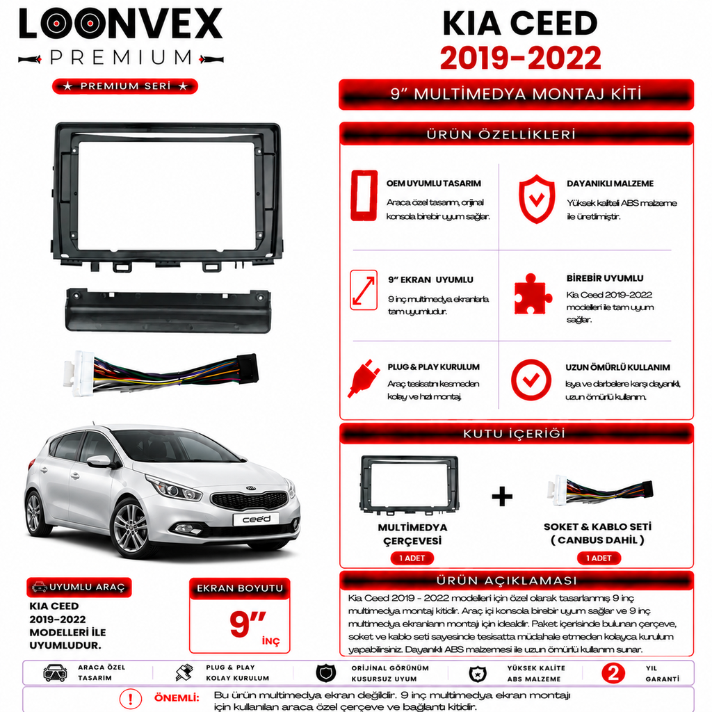 PREMIUM – KIA CEED 2019-2022 9" MULTİMEDYA ÇERÇEVE + SOKET KİTİ