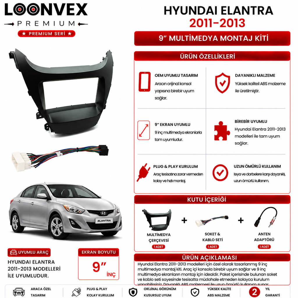 [LNV-CER-0119] PREMIUM – HYUNDAI ELANTRA 2011-2013 9" MULTİMEDYA ÇERÇEVE + SOKET KİTİ