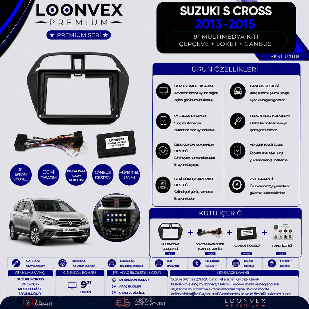 [LNV-CER-0286] Premium Suzuki S-Cross 2013-2015 9 İnç Multimedya Çerçeve + Soket + CANBUS Montaj Kiti