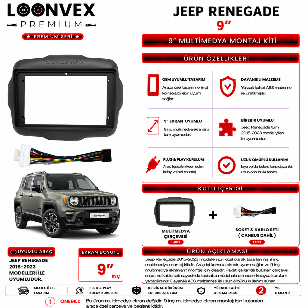 PREMIUM – JEEP RENEGADE 2015-2023 9" MULTİMEDYA ÇERÇEVE + SOKET KİTİ