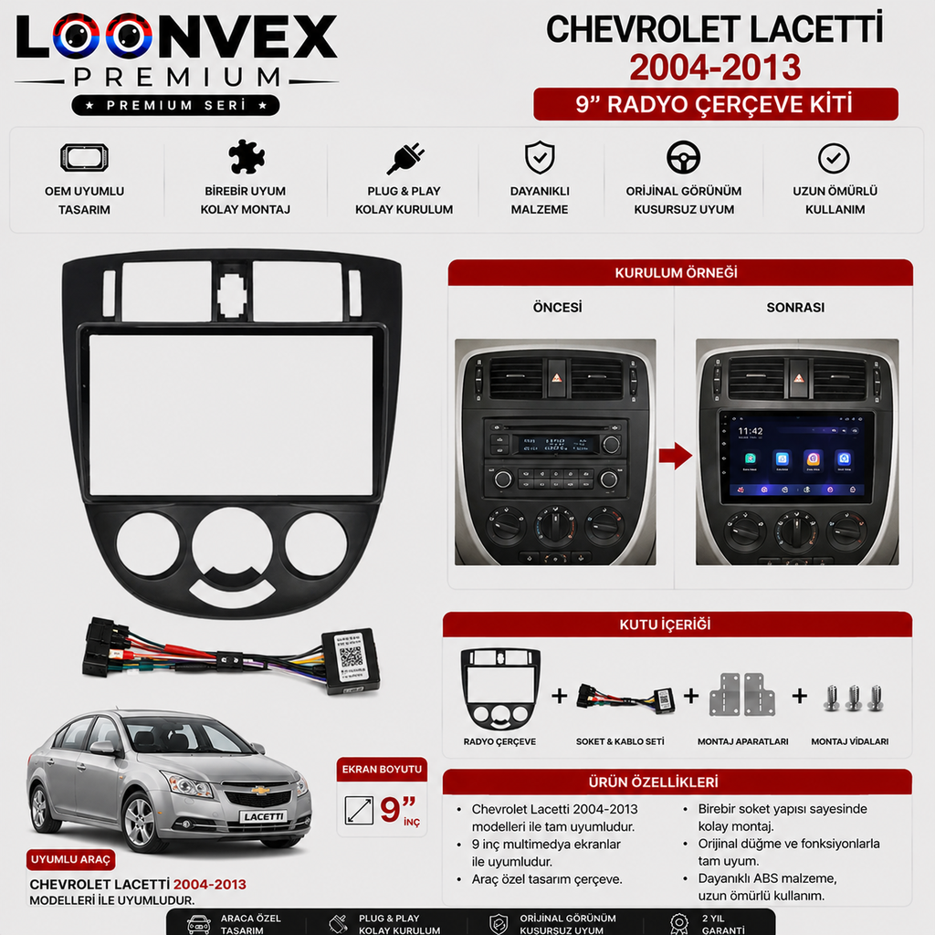 Chevrolet Lacetti 2004-2013 9 İnç Multimedya Çerçeve + Soket Seti OEM Uyumlu