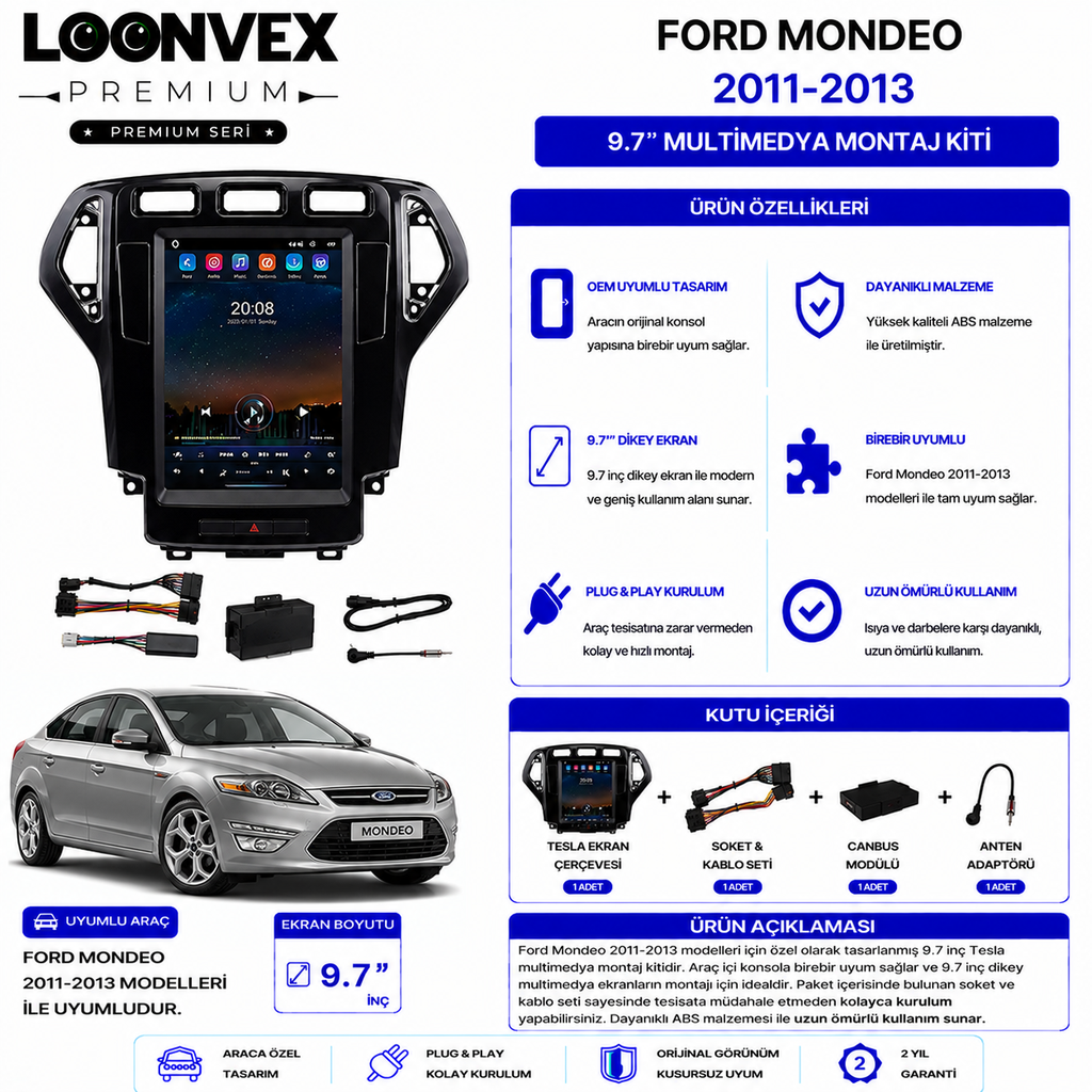 [LNV-CER-0092] PREMIUM – FORD MONDEO 2011-2013 9.7" TESLA MULTİMEDYA ÇERÇEVE + SOKET KİTİ