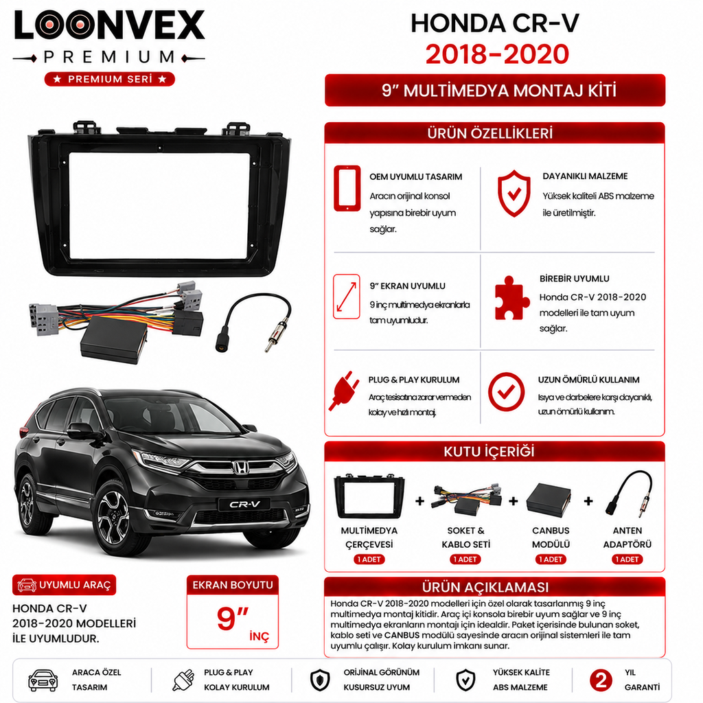 [LNV-CER-0112] PREMIUM – HONDA CR-V 2018-2020 9" MULTİMEDYA ÇERÇEVE + SOKET KİTİ