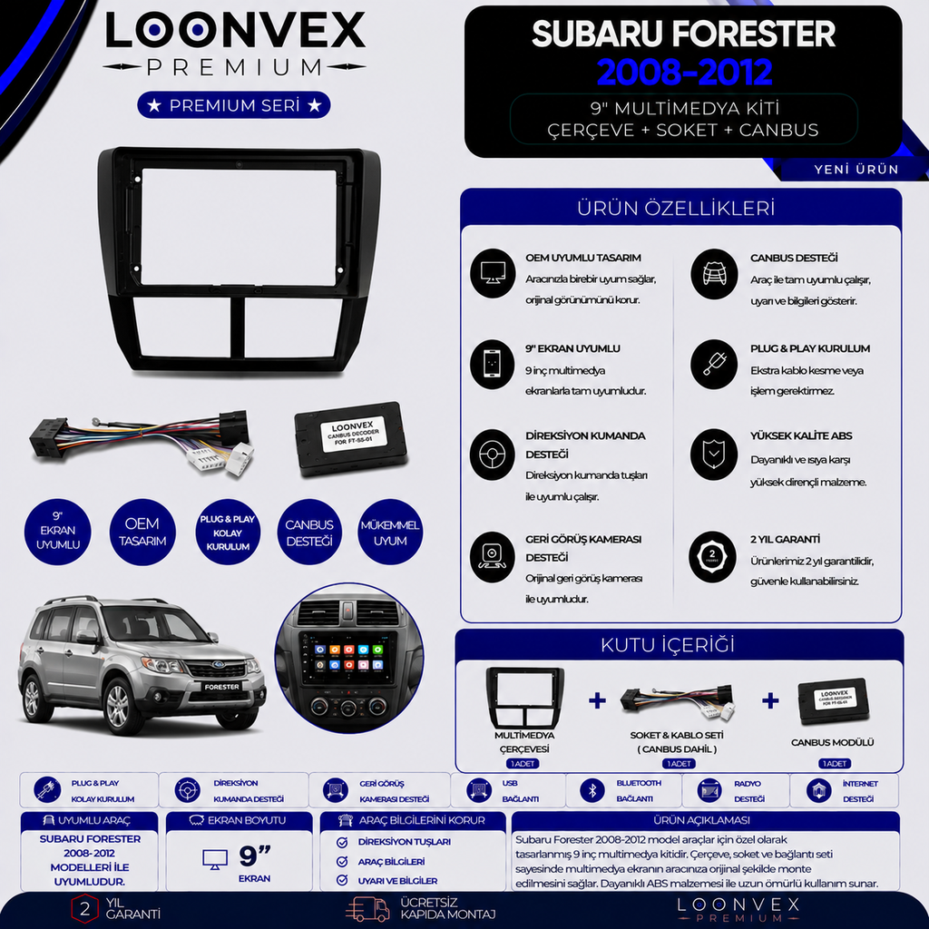 [LNV-CER-0282] Premium Subaru Forester 2008-2012 9 İnç Multimedya Çerçeve + Soket + CANBUS Montaj Kiti