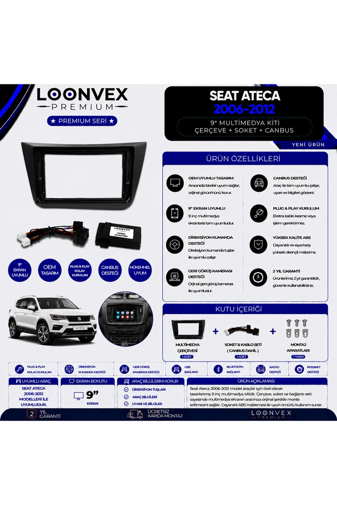 [LNV-CER-0269] Premium SEAT Ateca 2006-2012 9 İnç Multimedya Çerçeve + Soket + CANBUS Montaj Kiti