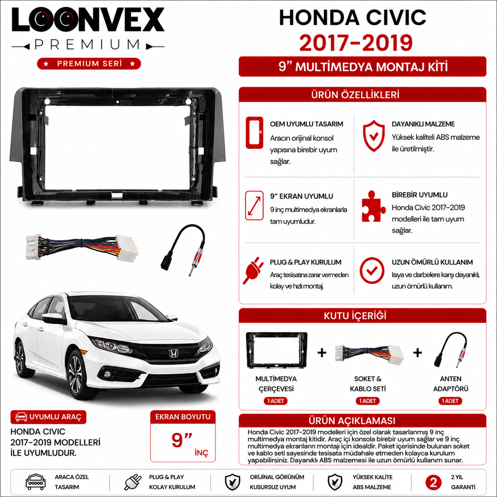 PREMIUM – HONDA CIVIC 2017-2019 9" MULTİMEDYA ÇERÇEVE + SOKET KİTİ