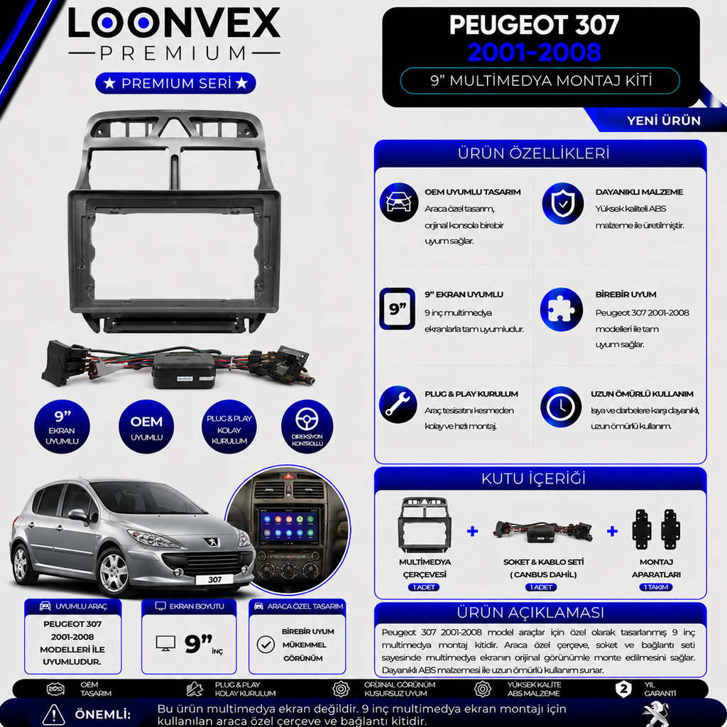 Premium Peugeot 307 2001-2008 9 İnç Multimedya Çerçeve + Soket + CANBUS Montaj Kiti
