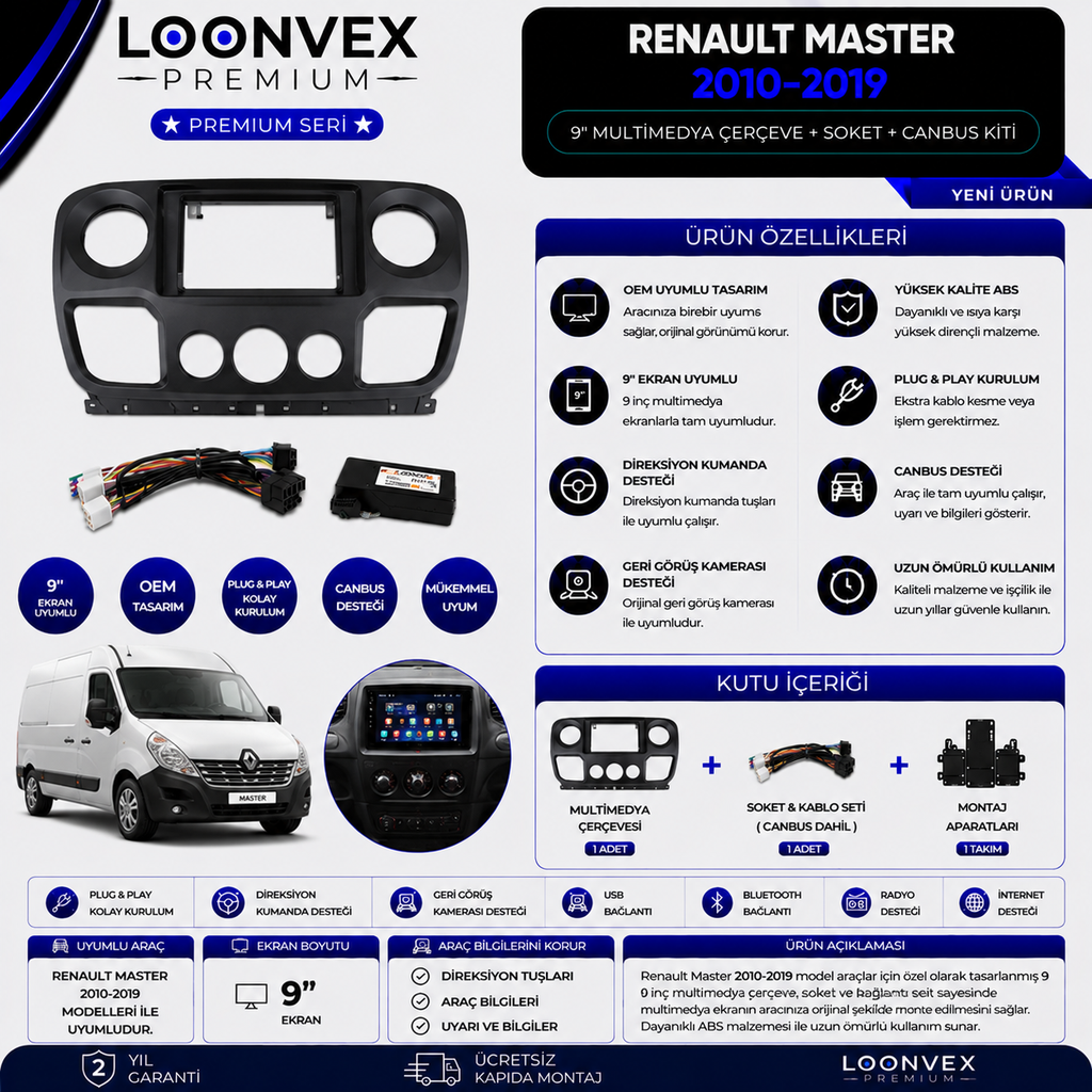 [LNV-CER-0251] Premium Renault Master 2010-2019 9 İnç Multimedya Çerçeve + Soket + CANBUS Montaj Kiti