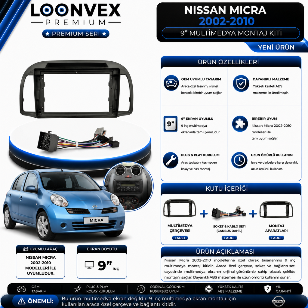 Premium Nissan Micra 2002-2010 9 İnç Multimedya Çerçeve ve Soket Montaj Kiti