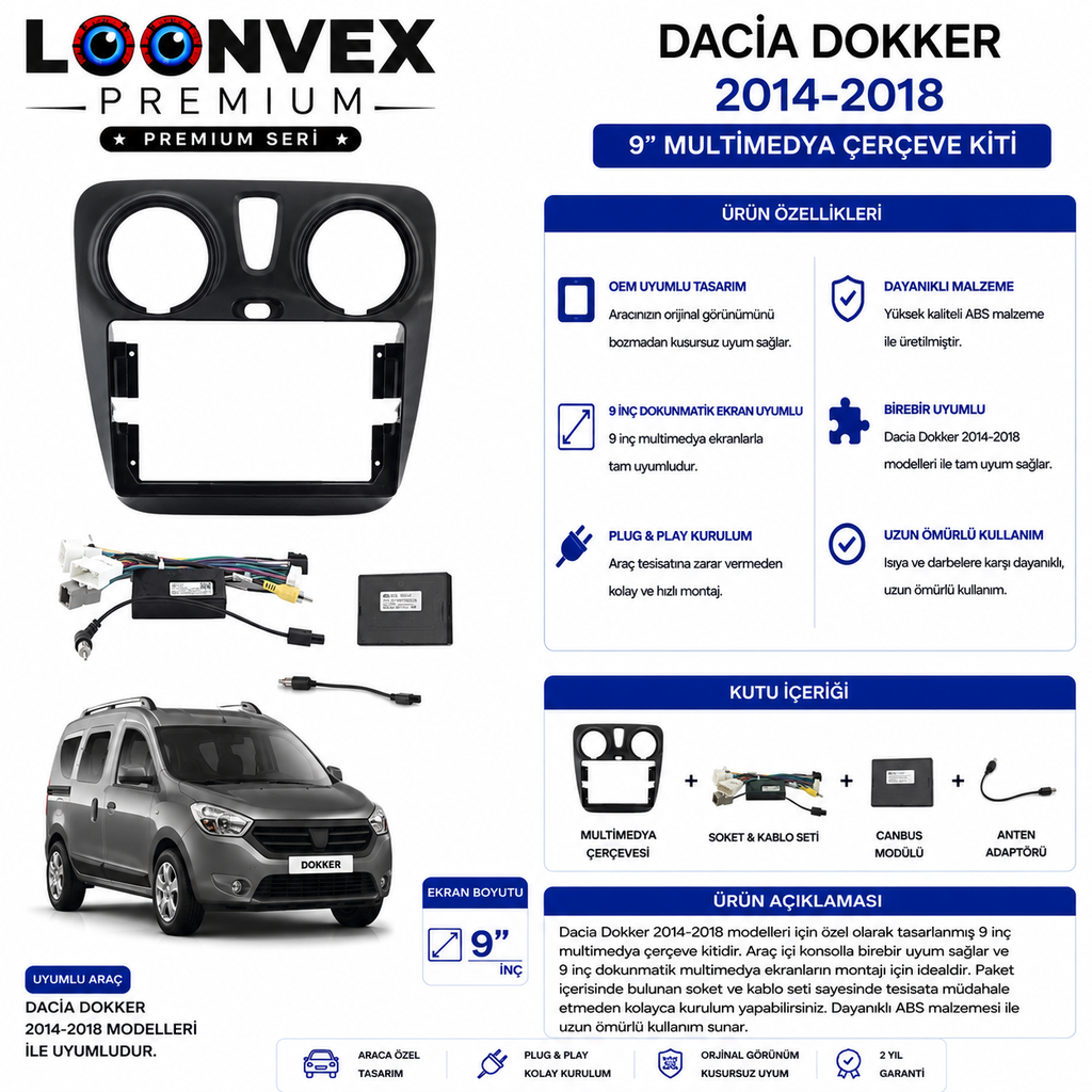 PREMIUM – DACIA DOKKER 2014-2018 9" MULTİMEDYA ÇERÇEVE + SOKET KİTİ