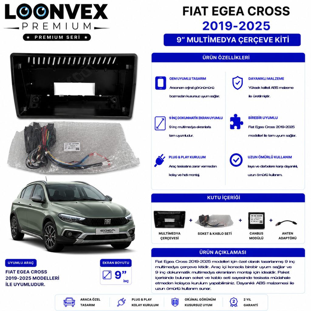 PREMIUM – FIAT EGEA CROSS 2019-2025 9" MULTİMEDYA ÇERÇEVE + SOKET KİTİ